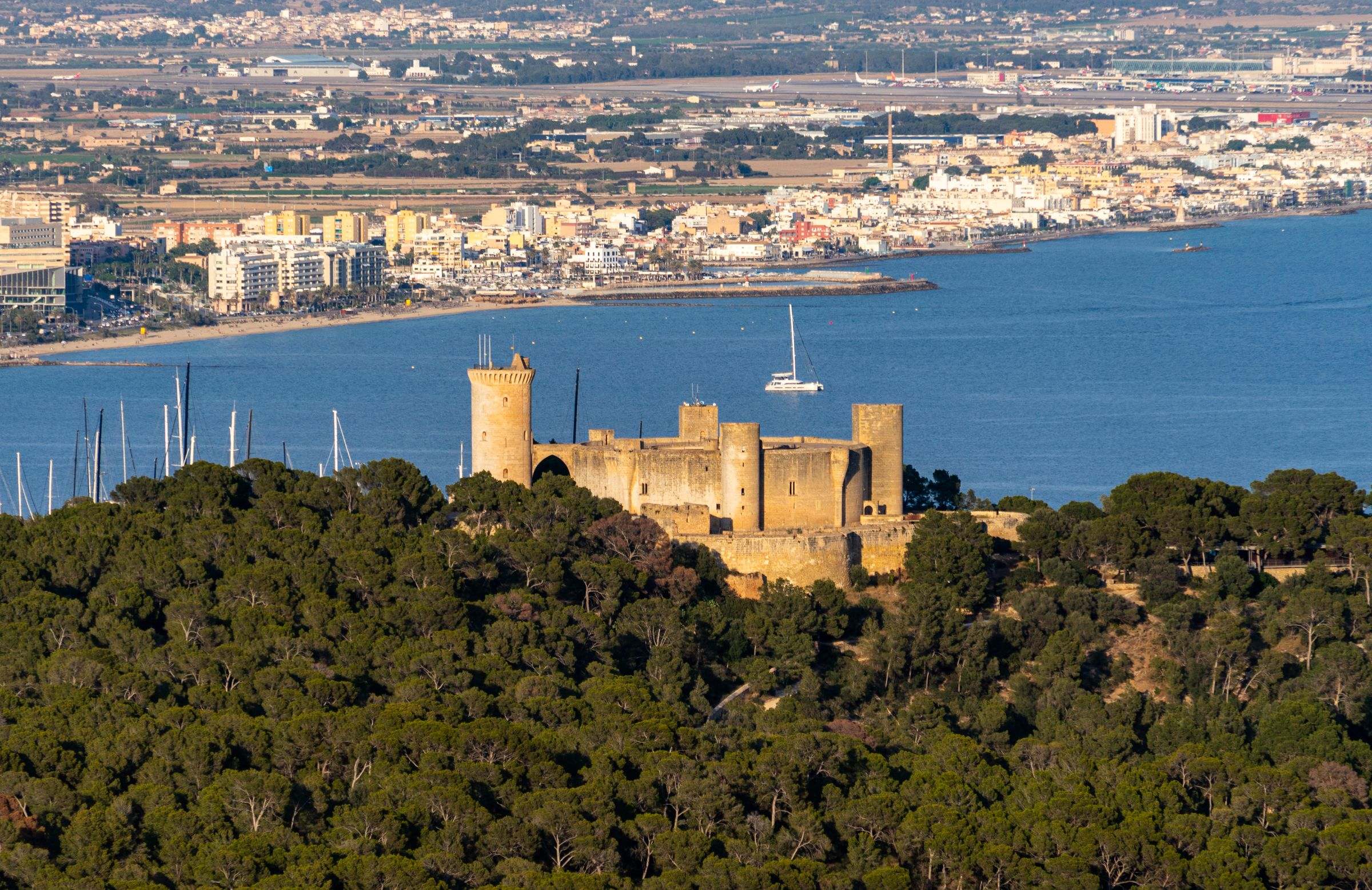 The round Bellver Castle above the bay of Palma