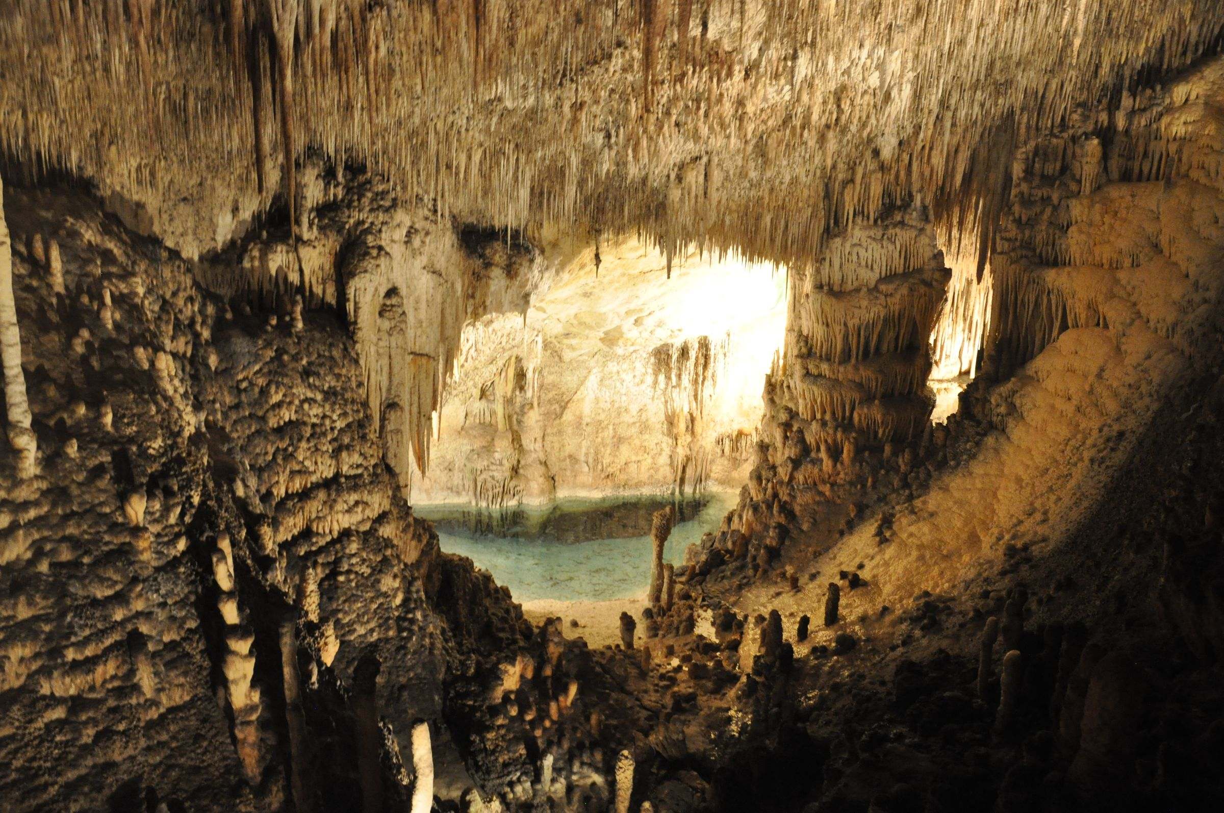 Stalactites above the underground lake in the Caves of Drach