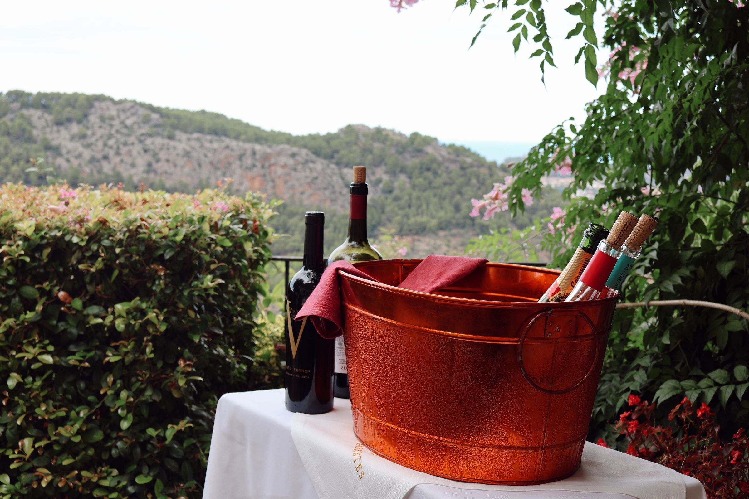 Mallorcan wine on a terrace with the mountains behind
